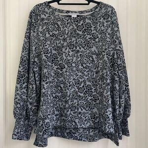 OPHELIA ROE gray & black floral knit‎ women’s long balloon sleeve shirt size XL